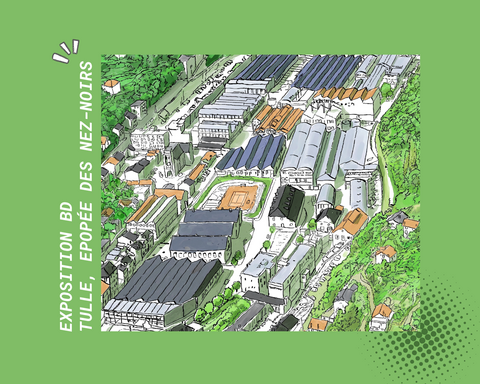 BD Manu Détail d'une planche de bd présentant le site de la manufacture d'armes de Tulle en vue aérienne