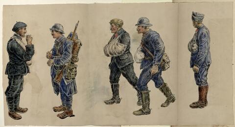 André Mazeyrie, carnet d'un médecin dans la guerre Croquis d'André Mazeyrie représentant des poilus de la Première Guerre mondiale, certains bléssés