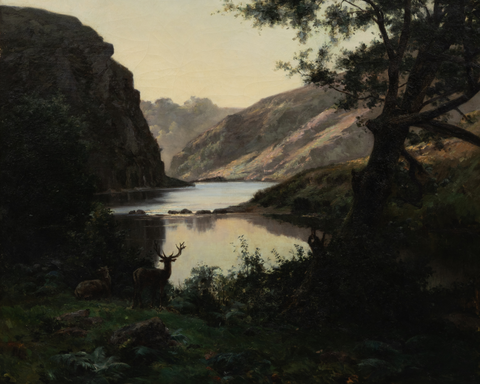 Paysage de crépuscule au bord de la Creuse avec un couple de biche et cerf