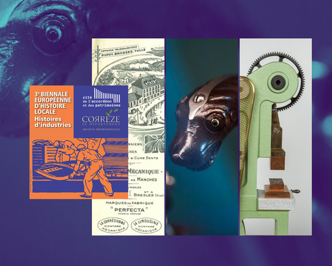 Composition détail d'archives, pistolet chien de mer et perruque de machine outil