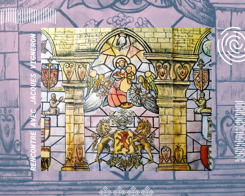 Détail d'un dessin d'André Mazérie avec un blason flanqué de licornes