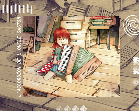 Dessin d'une jeune fille tenant un accordéon dans un grenier